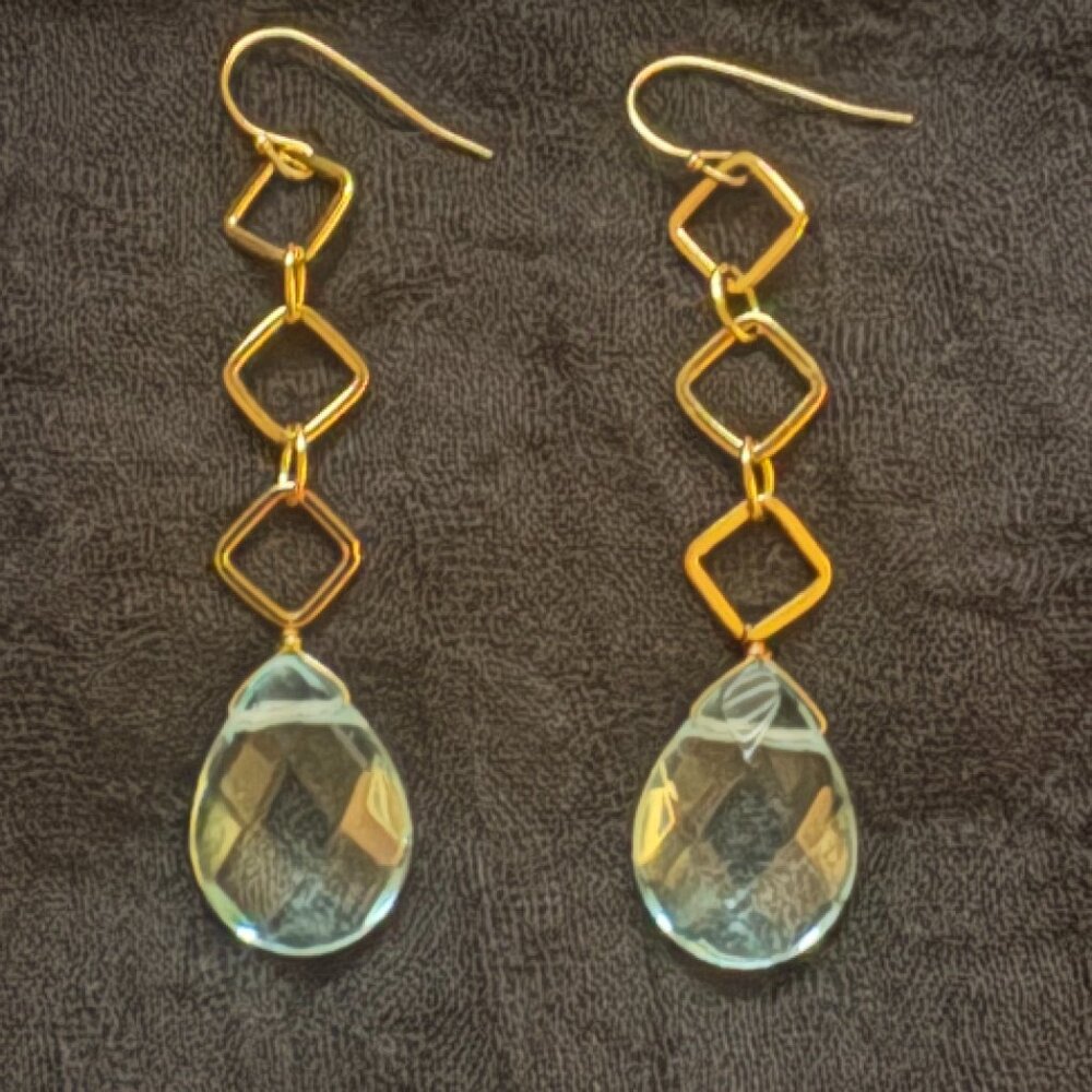 Gold Drop Earrings with Diamond Detail and Aquamarine Gems